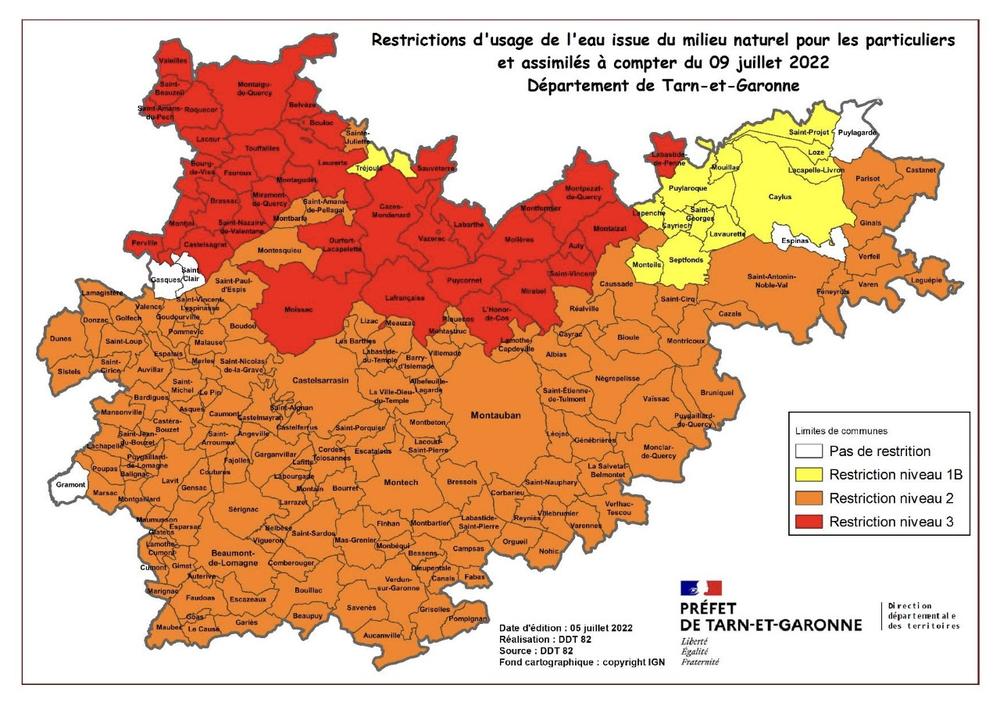 carte des zones 82 avec restriction de prélèvement des eaux, CENTURY 21 Riquelme Immobilier depuis la préfecture de Tarn et Garonne